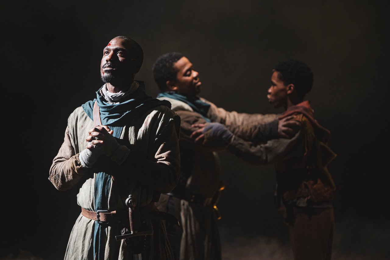 Benjamin Cawley (Ross), Daniel Poyser (Banquo), Josh Ndlovu (Fleance) in Macbeth, Pic Kirsten McTernan