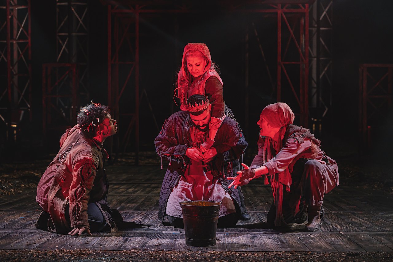 Elkanah Wilder, Karina Jones and Charlotte Arrowsmith (Witches) with Ash Hunter (Macbeth). Pic Kirsten McTernan (2)